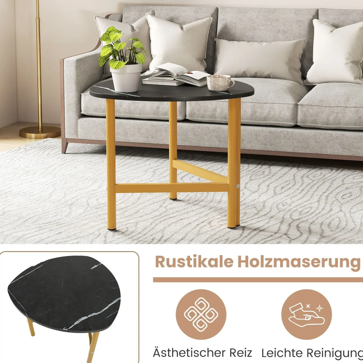 Dreieckiger Couchtisch Ovaler Kaffeetisch Mit Metallbeinen Holzakzent Rustikales Braun & Schwarz