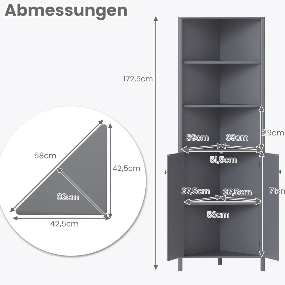 Dreieckiger Küchenschrank mit 2 Türen & 5 Ablagen Schmaler Eckschrank Hochschrank Grau