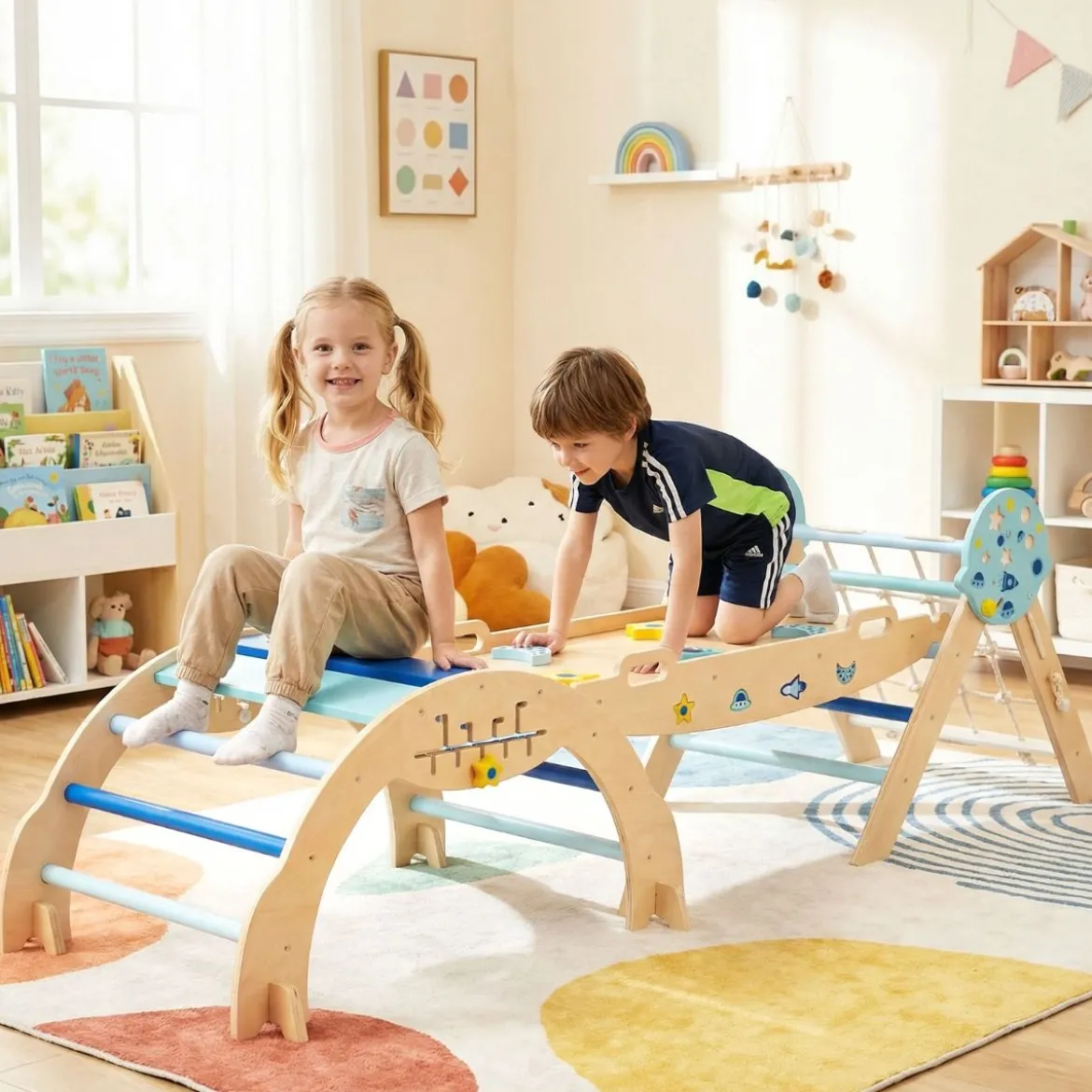 Dreieck-Kletterset mit Bogen & Rampe & Kletterer Faltbares Dschungelturngerät Montessori-Spielzeug