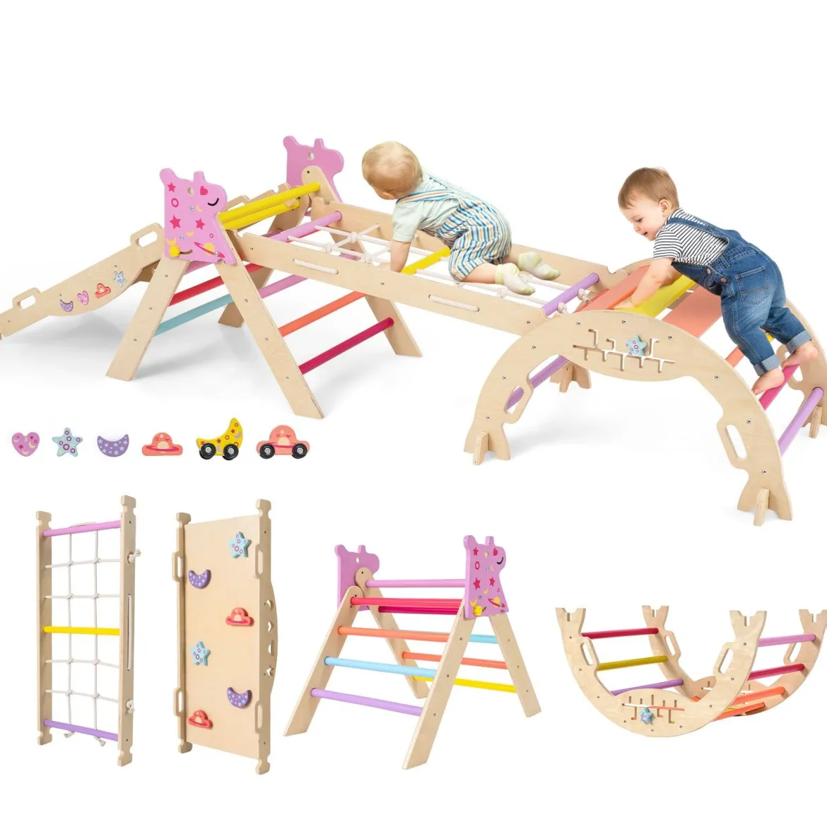 Dreiecksset 9-in-1 faltbares Kletterspielzeug Montessori Kletterset aus Holz Klettergerüst für Kinder Bunt