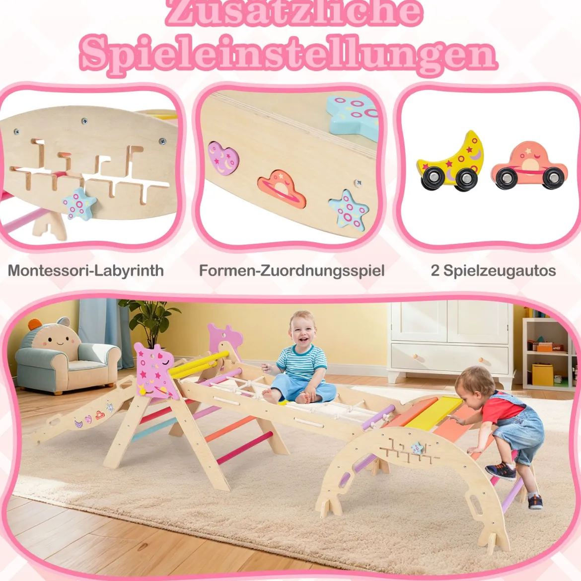 Dreiecksset 9-in-1 faltbares Kletterspielzeug Montessori Kletterset aus Holz Klettergerüst für Kinder Bunt