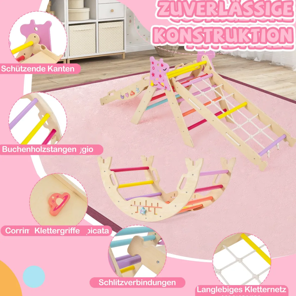 Dreiecksset 9-in-1 faltbares Kletterspielzeug Montessori Kletterset aus Holz Klettergerüst für Kinder Bunt