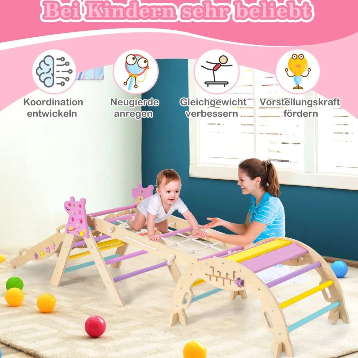 Dreiecksset 9-in-1 faltbares Kletterspielzeug Montessori Kletterset aus Holz Klettergerüst für Kinder Macaron