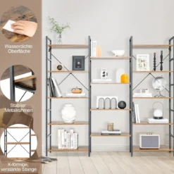 Dreifach breites Bücherregal offenes Ablageregal mit Metallrahmen bis 450 kg belastbar Rustikales Braun 176 x 30 x 165 cm
