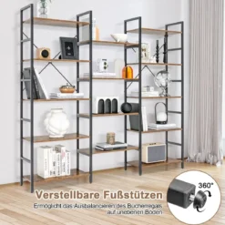 Dreifach breites Bücherregal offenes Ablageregal mit Metallrahmen bis 450 kg belastbar Rustikales Braun 176 x 30 x 165 cm