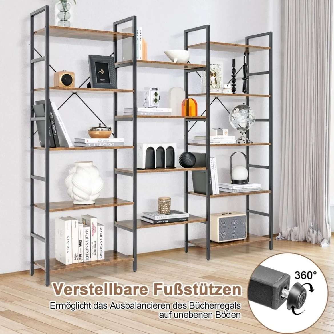 Dreifach breites Bücherregal offenes Ablageregal mit Metallrahmen bis 450 kg belastbar Rustikales Braun 176 x 30 x 165 cm