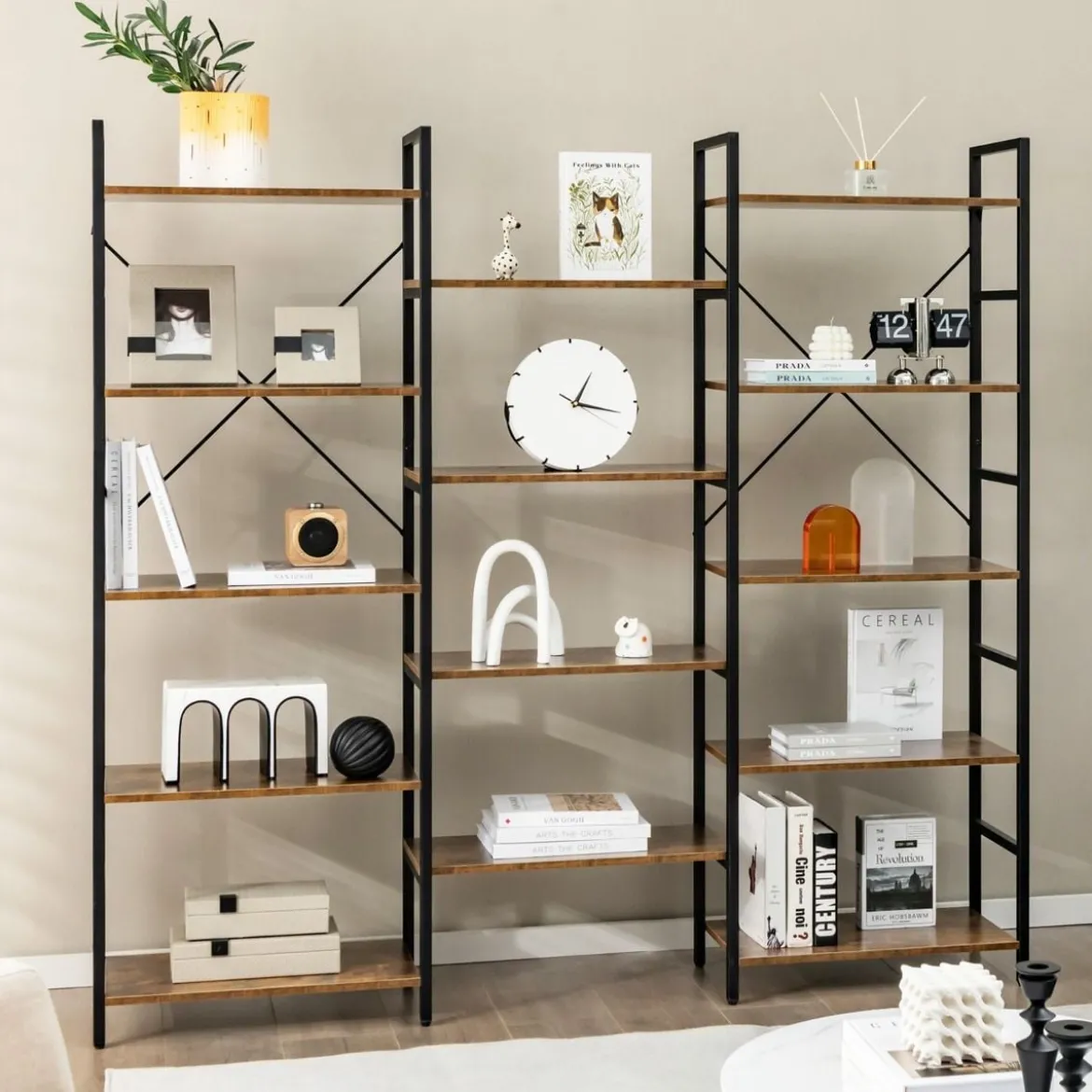 Dreifach breites Bücherregal offenes Ablageregal mit Metallrahmen bis 450 kg belastbar Rustikales Braun 176 x 30 x 165 cm