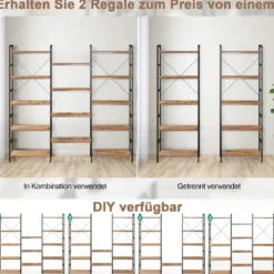 Dreifach breites Bücherregal offenes Ablageregal mit Metallrahmen bis 450 kg belastbar Rustikales Braun 176 x 30 x 165 cm