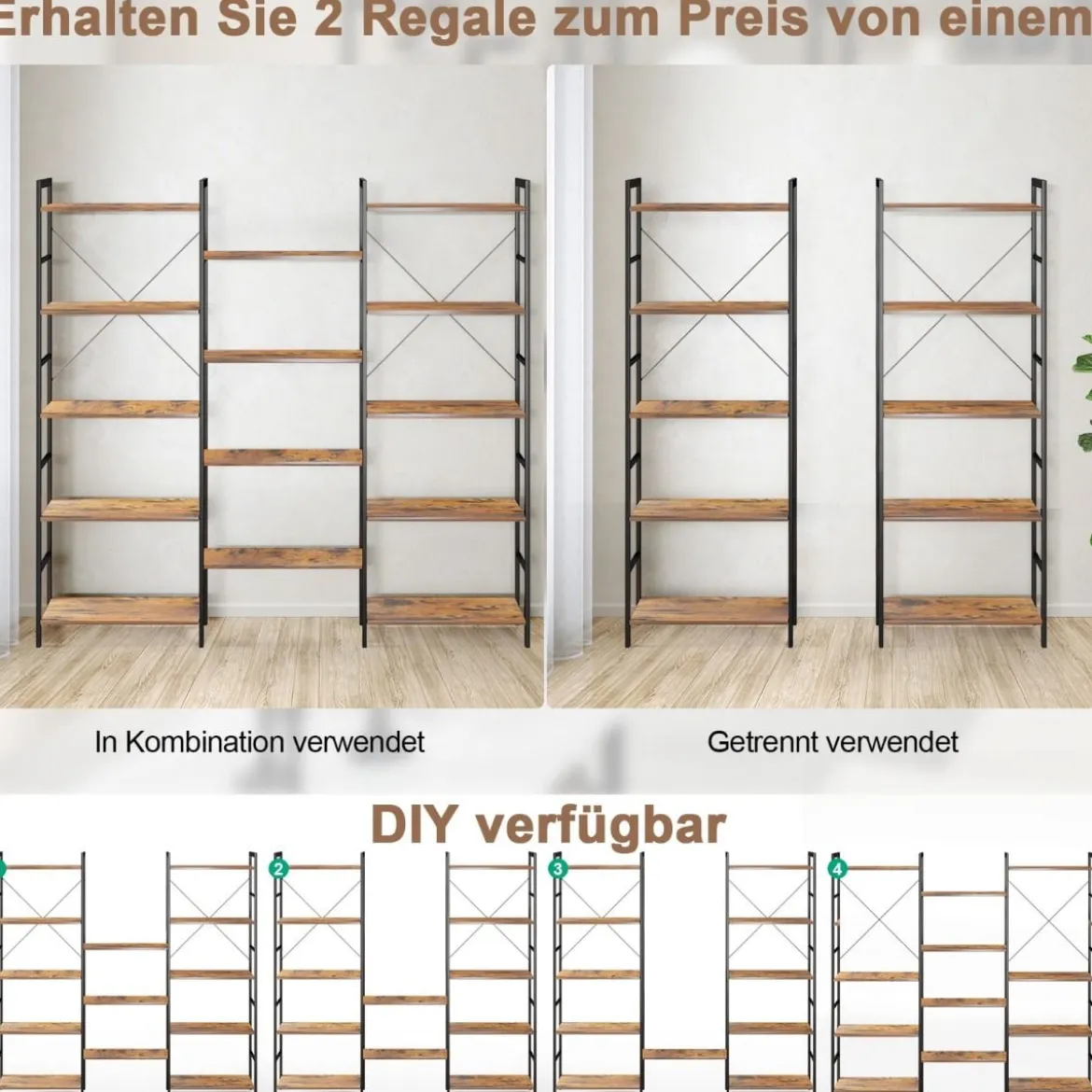 Dreifach breites Bücherregal offenes Ablageregal mit Metallrahmen bis 450 kg belastbar Rustikales Braun 176 x 30 x 165 cm