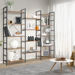 Dreifach breites Bücherregal offenes Ablageregal mit Metallrahmen bis 450 kg belastbar Rustikales Braun 176 x 30 x 165 cm