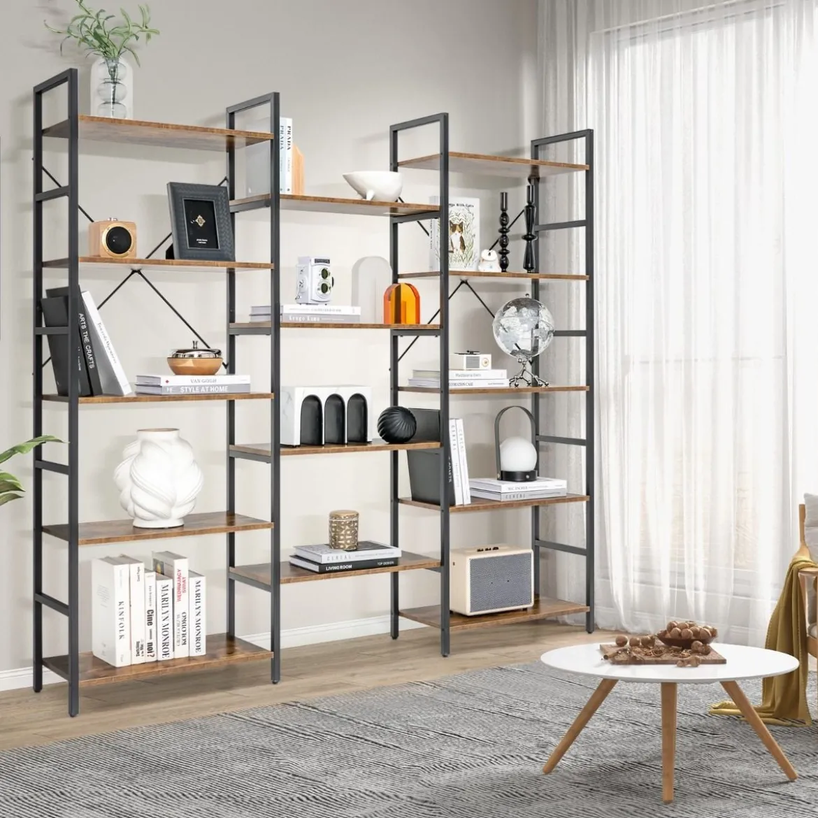 Dreifach breites Bücherregal offenes Ablageregal mit Metallrahmen bis 450 kg belastbar Rustikales Braun 176 x 30 x 165 cm