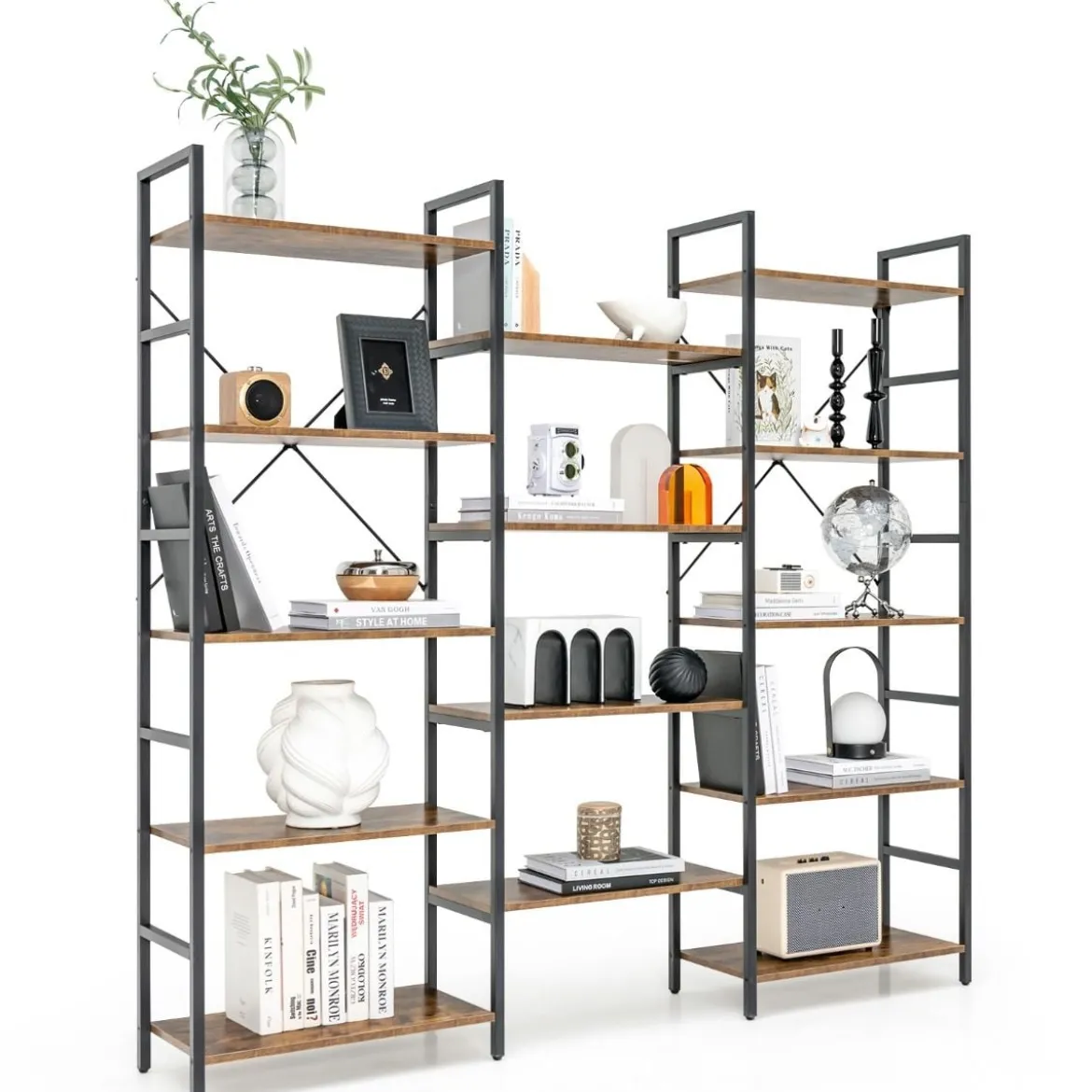Dreifach breites Bücherregal offenes Ablageregal mit Metallrahmen bis 450 kg belastbar Rustikales Braun 176 x 30 x 165 cm