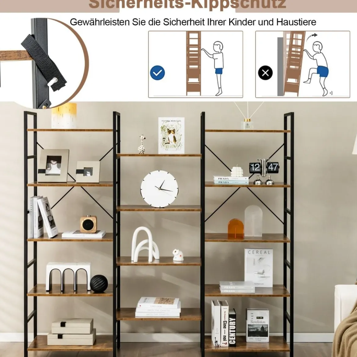 Dreifach breites Bücherregal offenes Ablageregal mit Metallrahmen bis 450 kg belastbar Rustikales Braun 176 x 30 x 165 cm