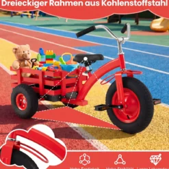 Dreirad Kinderfahrrad bis 91 kg Belastbar mit Verstellbarem Sitz & Lenker für Kinder ab 3 Jahren Rot