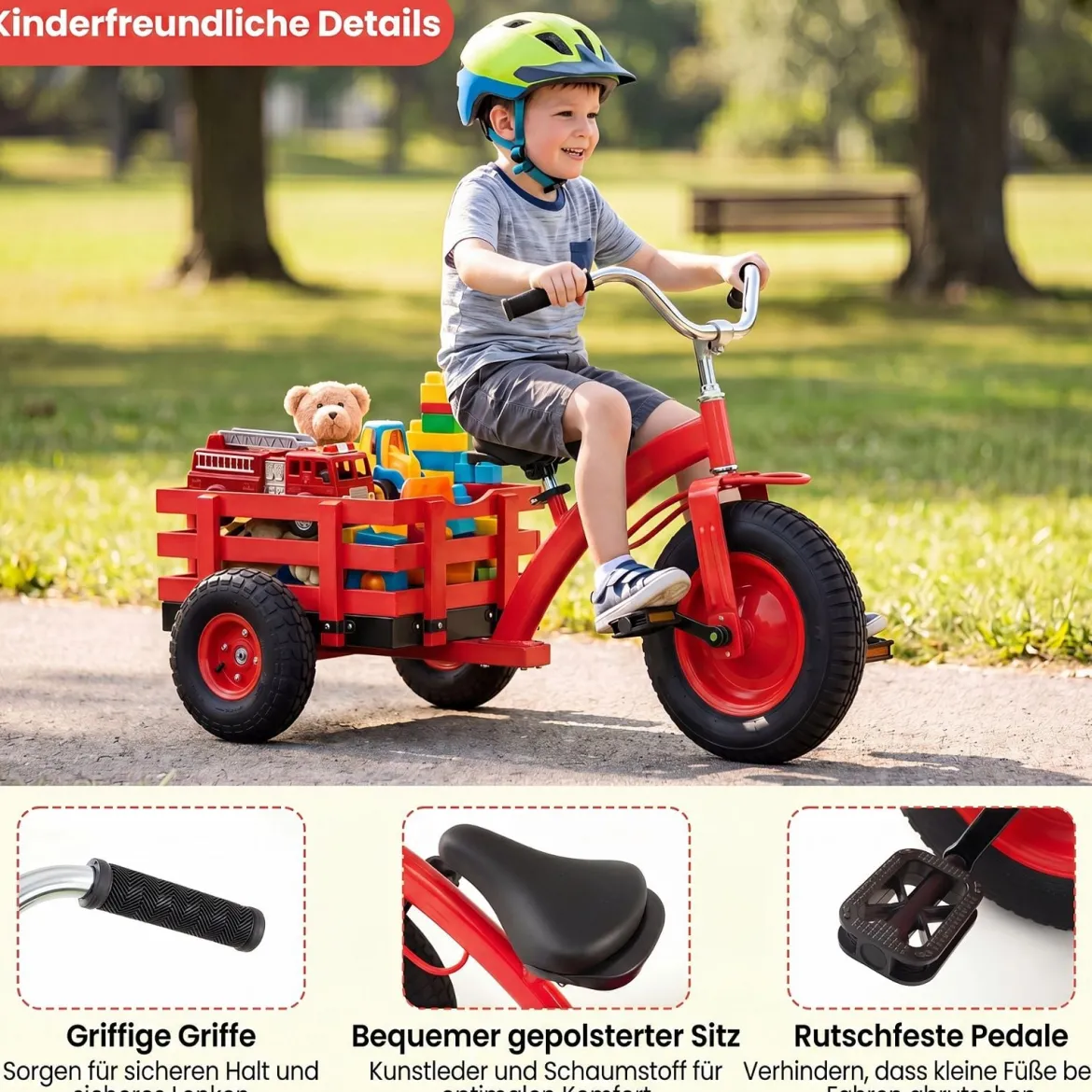 Dreirad Kinderfahrrad bis 91 kg Belastbar mit Verstellbarem Sitz & Lenker für Kinder ab 3 Jahren Rot