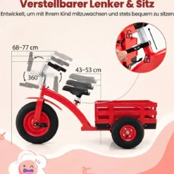 Dreirad Kinderfahrrad bis 91 kg Belastbar mit Verstellbarem Sitz & Lenker für Kinder ab 3 Jahren Rot