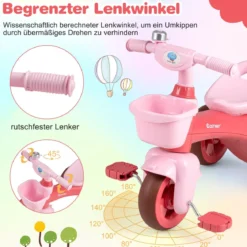 Dreirad Kinder Laufrad mit begrenzter Lenkung Klingel & ergonomischem Sitz Kleinkinder Spielzeug Rosa