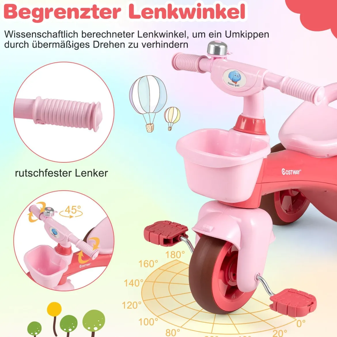 Dreirad Kinder Laufrad mit begrenzter Lenkung Klingel & ergonomischem Sitz Kleinkinder Spielzeug Rosa