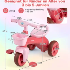 Dreirad Kinder Laufrad mit begrenzter Lenkung Klingel & ergonomischem Sitz Kleinkinder Spielzeug Rosa