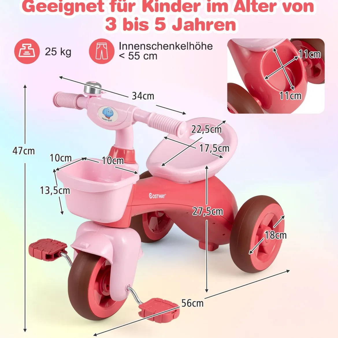 Dreirad Kinder Laufrad mit begrenzter Lenkung Klingel & ergonomischem Sitz Kleinkinder Spielzeug Rosa