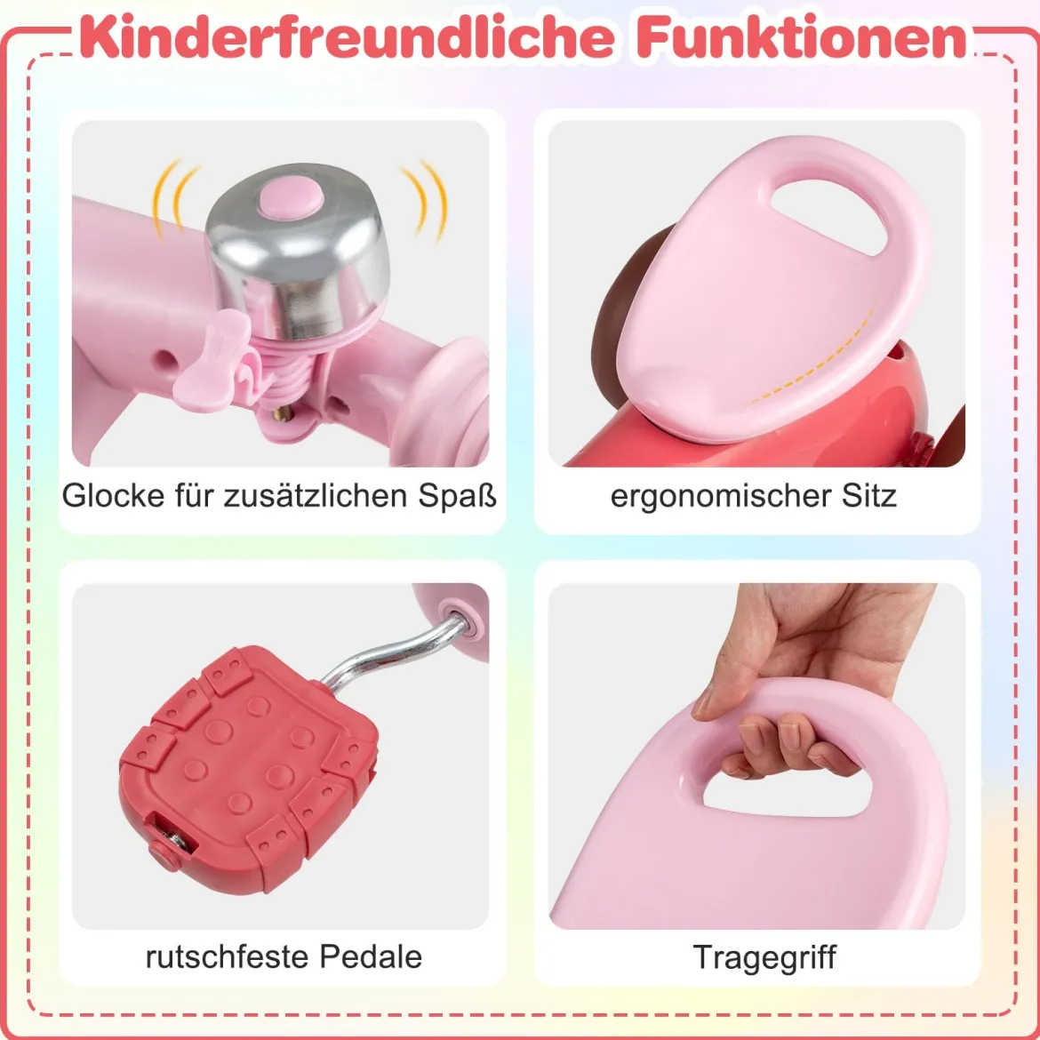 Dreirad Kinder Laufrad mit begrenzter Lenkung Klingel & ergonomischem Sitz Kleinkinder Spielzeug Rosa