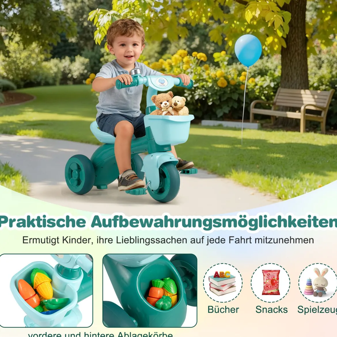 Dreirad Kinder Laufrad mit begrenzter Lenkung Klingel & ergonomischem Sitz Kleinkinder Spielzeug Grün