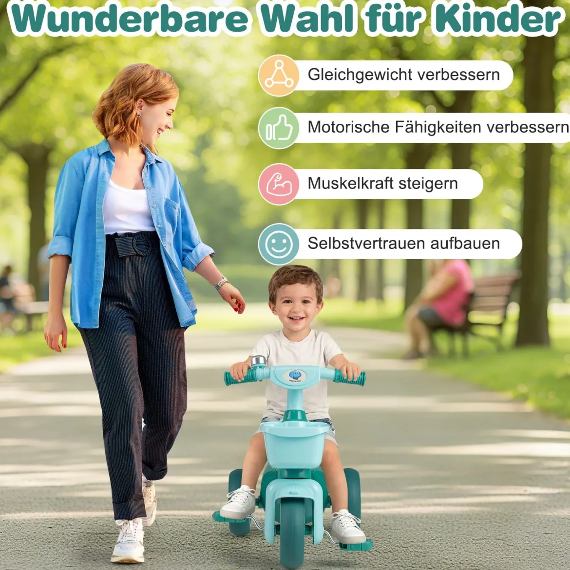 Dreirad Kinder Laufrad mit begrenzter Lenkung Klingel & ergonomischem Sitz Kleinkinder Spielzeug Grün