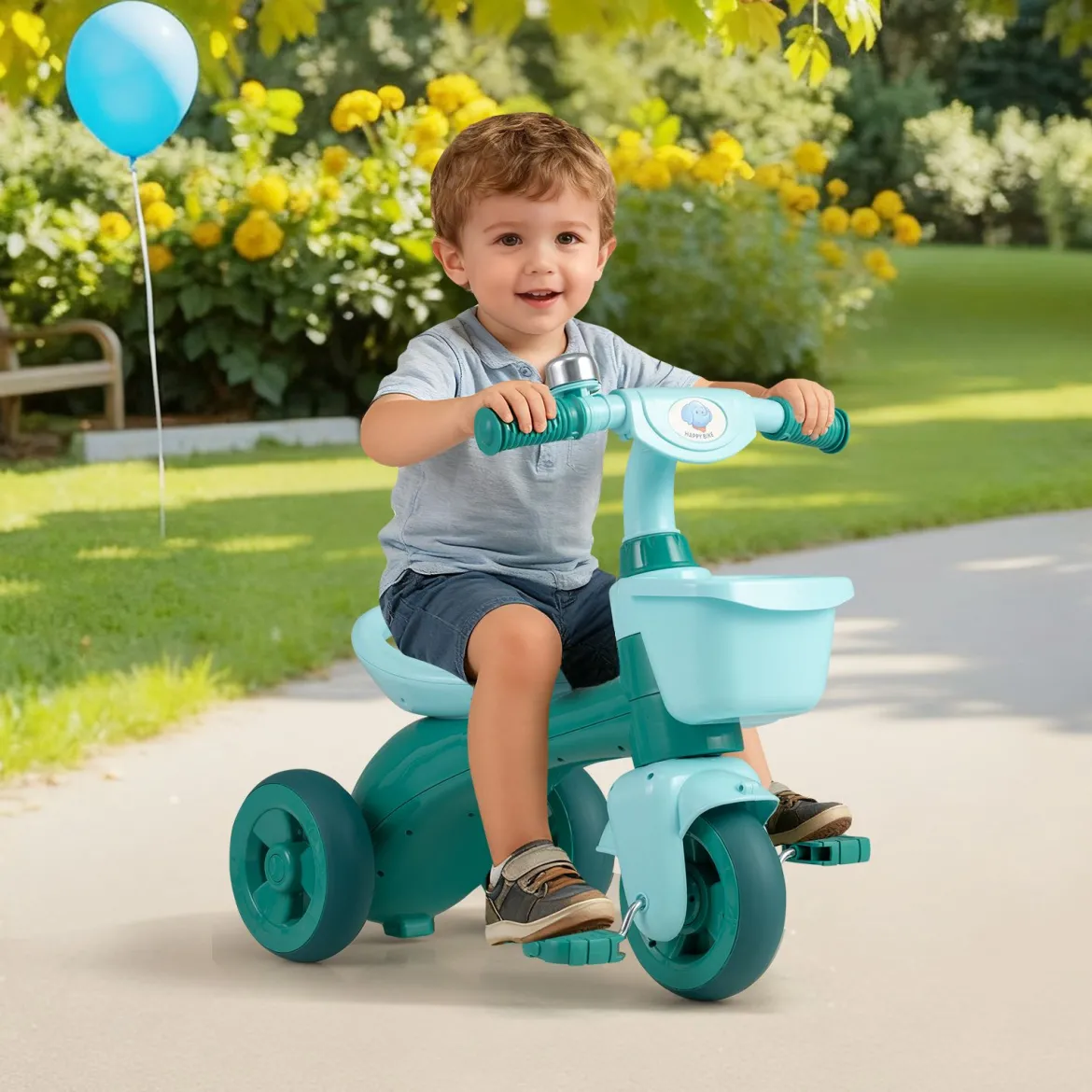 Dreirad Kinder Laufrad mit begrenzter Lenkung Klingel & ergonomischem Sitz Kleinkinder Spielzeug Grün