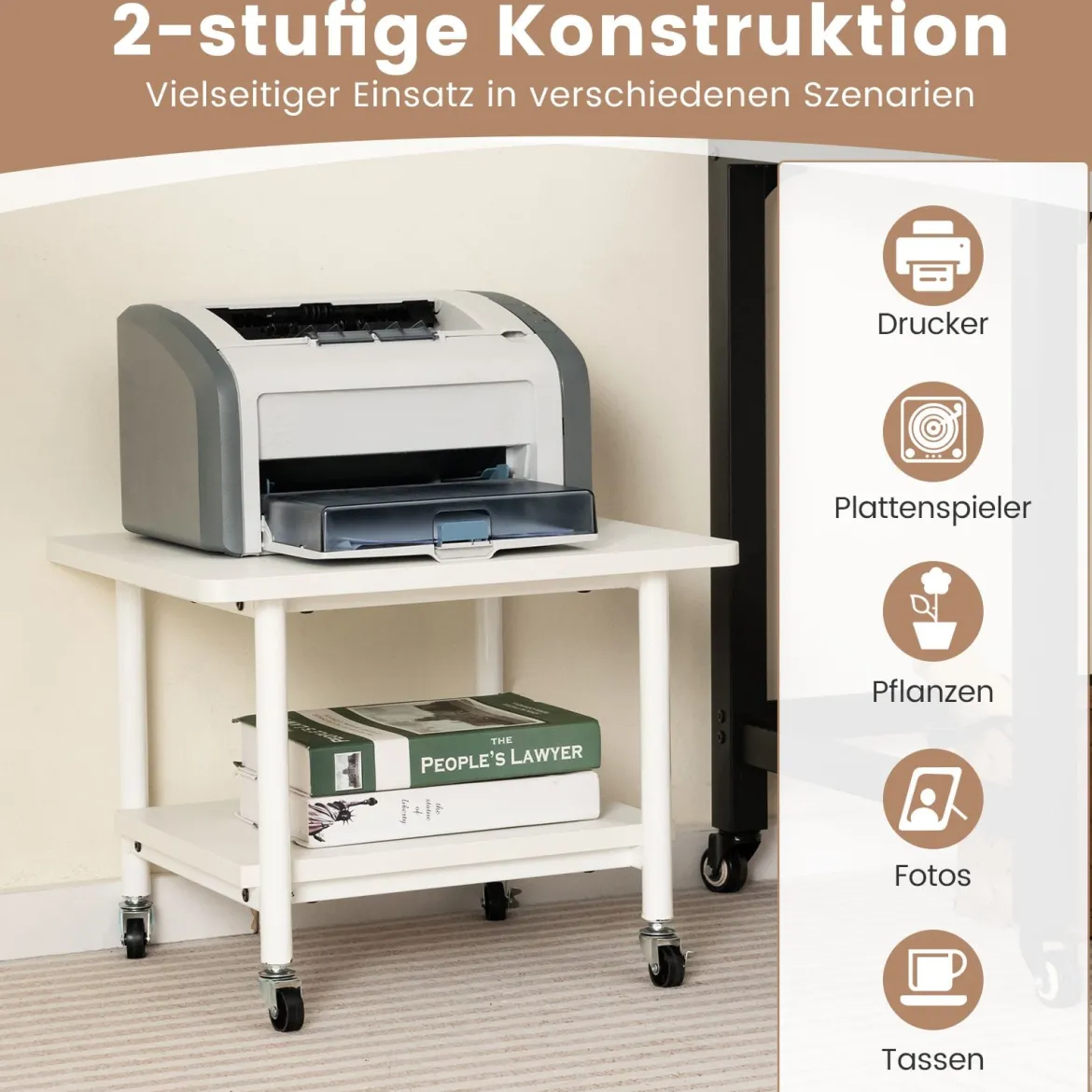 Druckertisch mit 2 Ebenen & Feststellbaren Rädern Druckerständer Druckerwagen Ganzweiß