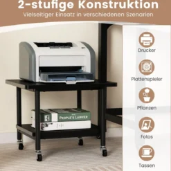 Druckertisch mit 2 Ebenen & Feststellbaren Rädern Druckerständer Druckerwagen Schwarz