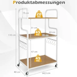 Druckertisch mit Rollen & offenen Ablagen & 10 Haken 3-stöckiger Druckerständer Natur
