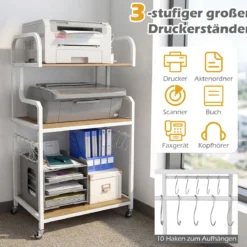 Druckertisch mit Rollen & offenen Ablagen & 10 Haken 3-stöckiger Druckerständer Natur