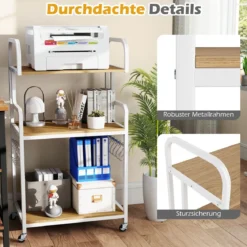 Druckertisch mit Rollen & offenen Ablagen & 10 Haken 3-stöckiger Druckerständer Natur