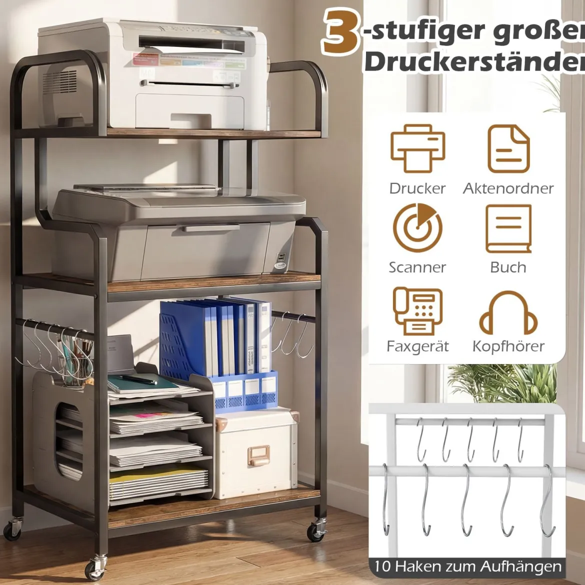 Druckertisch mit Rollen & Offenen Ablagen & 10 Haken 3-stöckiger Druckerständer Braun