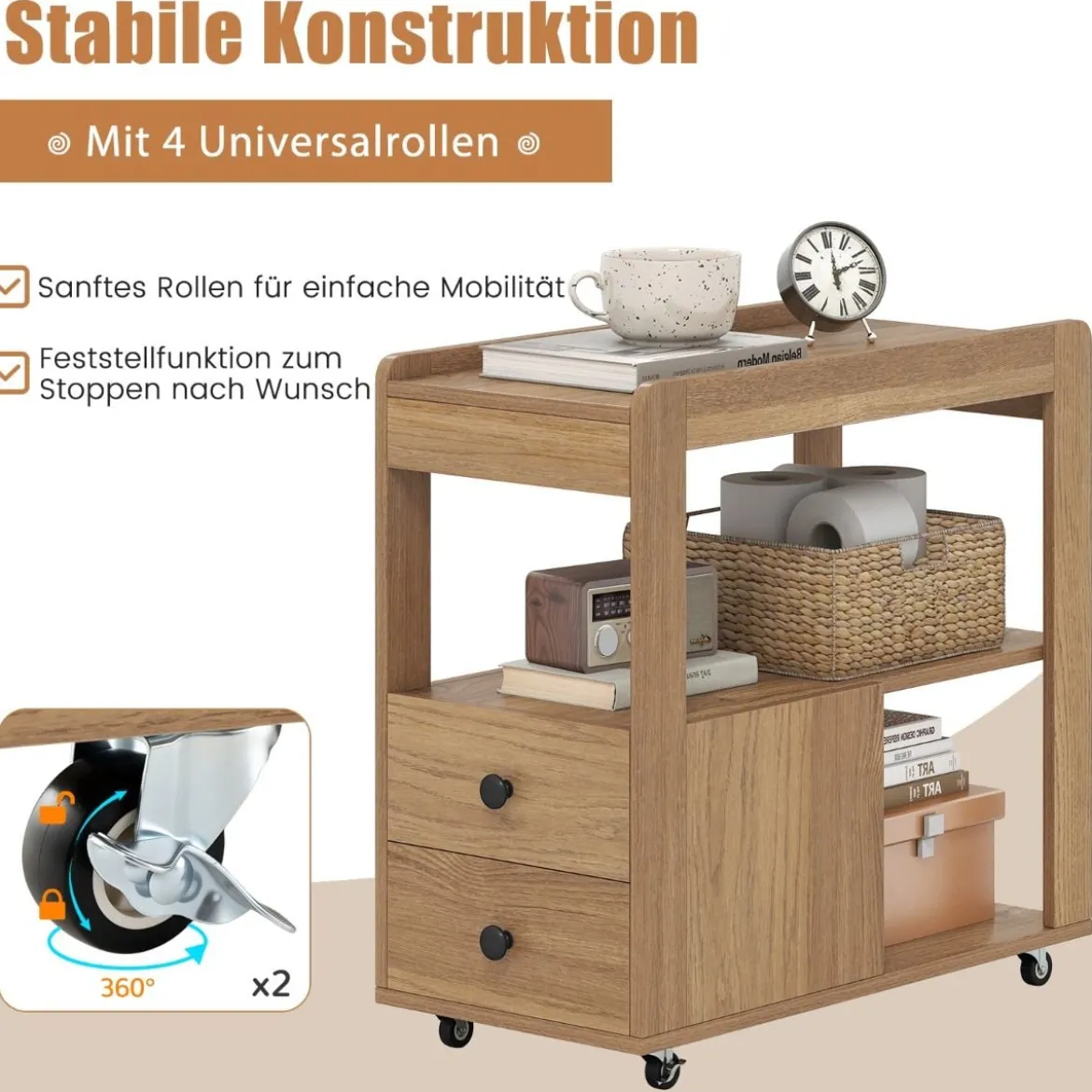 Druckertisch mit Rollen & 2 Schubladen & Ablagen Rollcontainer Druckerständer Beistellwagen