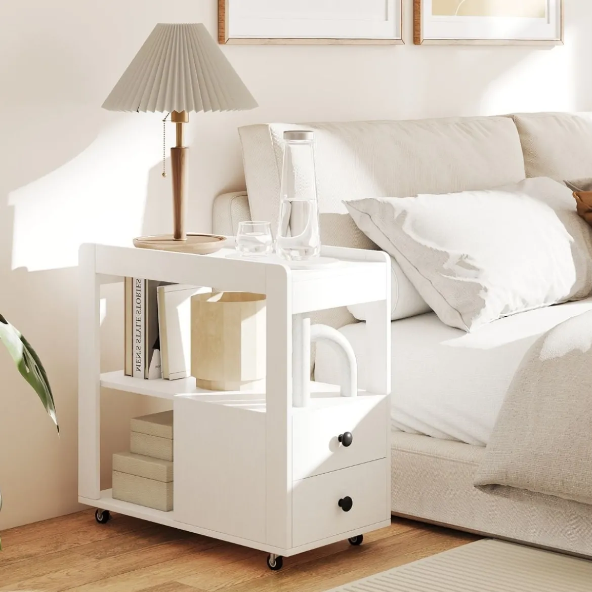 Druckertisch mit Rollen & 2 Schubladen & Ablagen Rollcontainer Druckerständer Beistellwagen