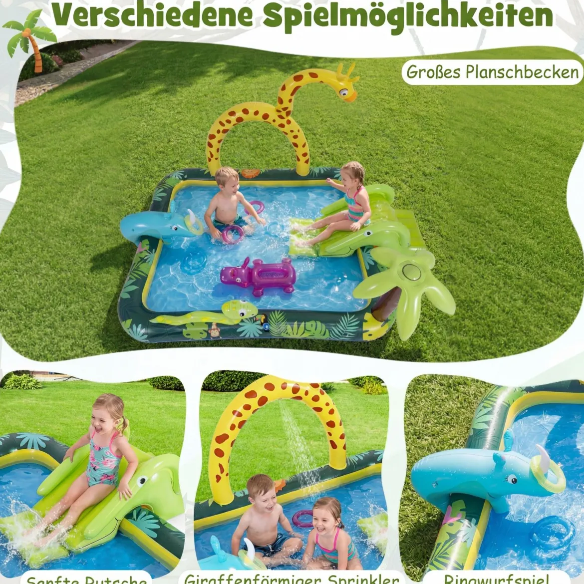 Dschungeltiere Planschbecken mit Sprinkler Rutsche & Wurfspiel Aufblasbares Wasserspielcenter