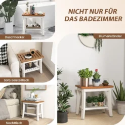 Duschbank Bad Sitzbank mit Ablage Badhocker Badezimmerbank Duschstuhl 51 x 32,5 x 47 cm Braun + Weiß