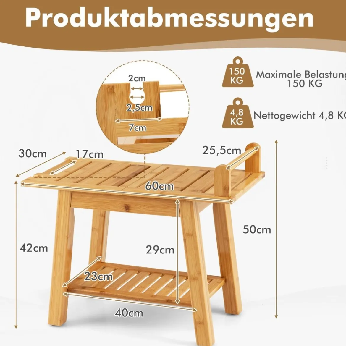 Duschbank Bambus-Duschbank mit Ablage 2-Stufiger Duschhocker 60 x 30 x 50 cm Natur