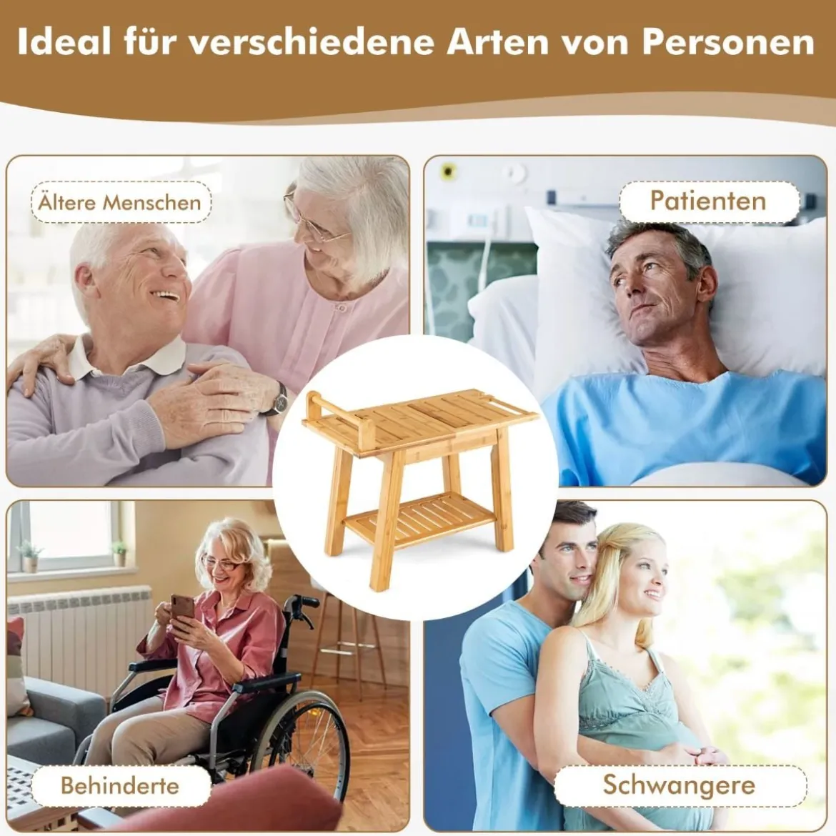 Duschbank Bambus-Duschbank mit Ablage 2-Stufiger Duschhocker 60 x 30 x 50 cm Natur