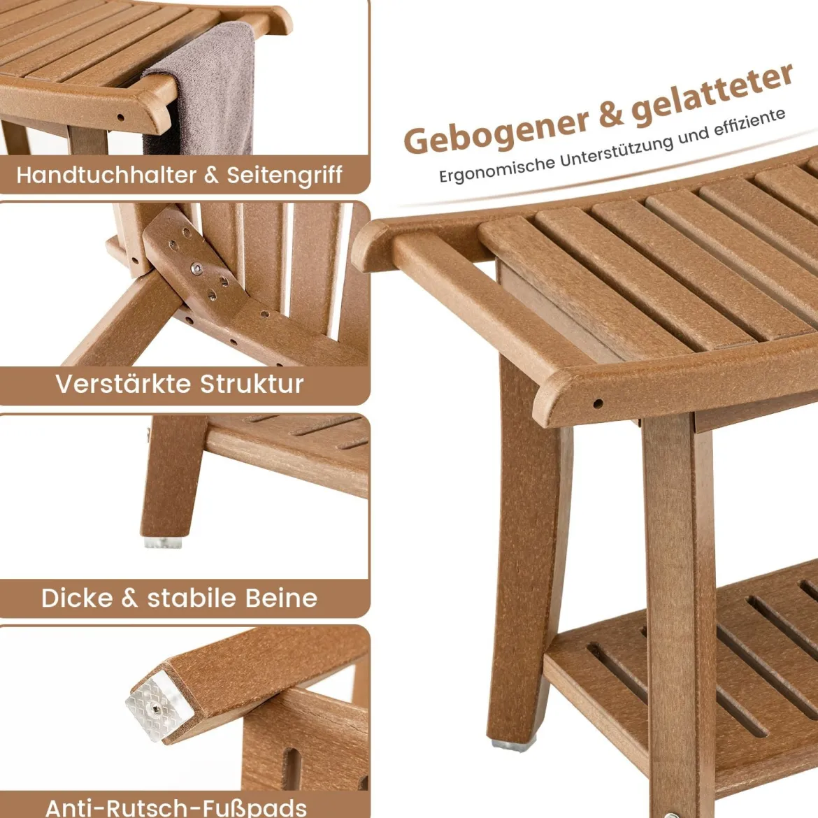 Duschbank Wasserdichter Duschhocker mit Gebogenem Sitz 60,5 x 34 x 48 cm Braun