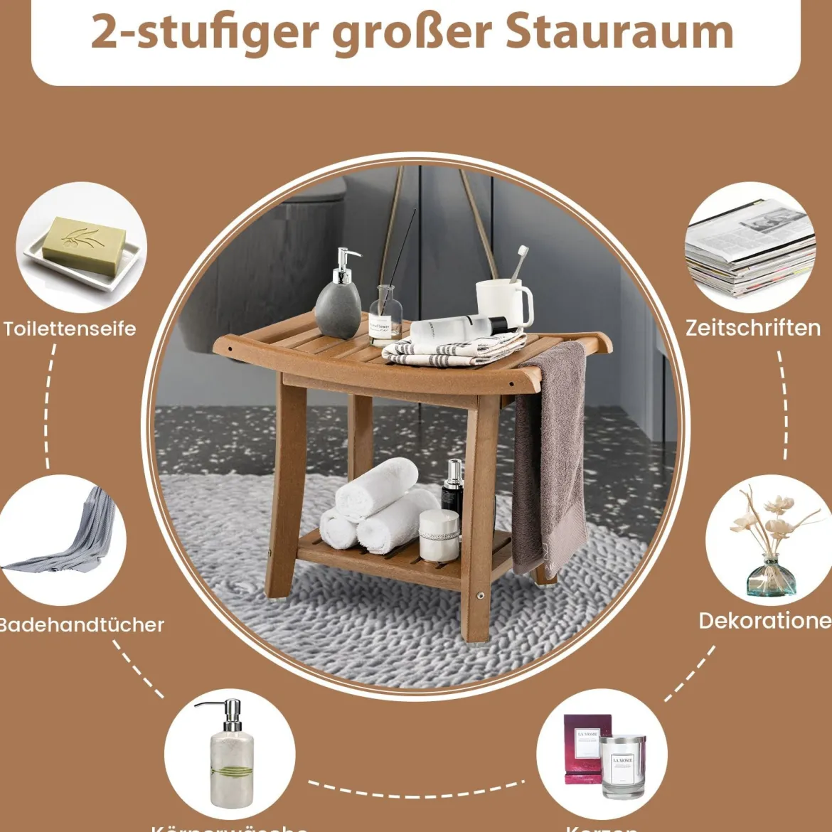Duschbank Wasserdichter Duschhocker mit Gebogenem Sitz 60,5 x 34 x 48 cm Braun