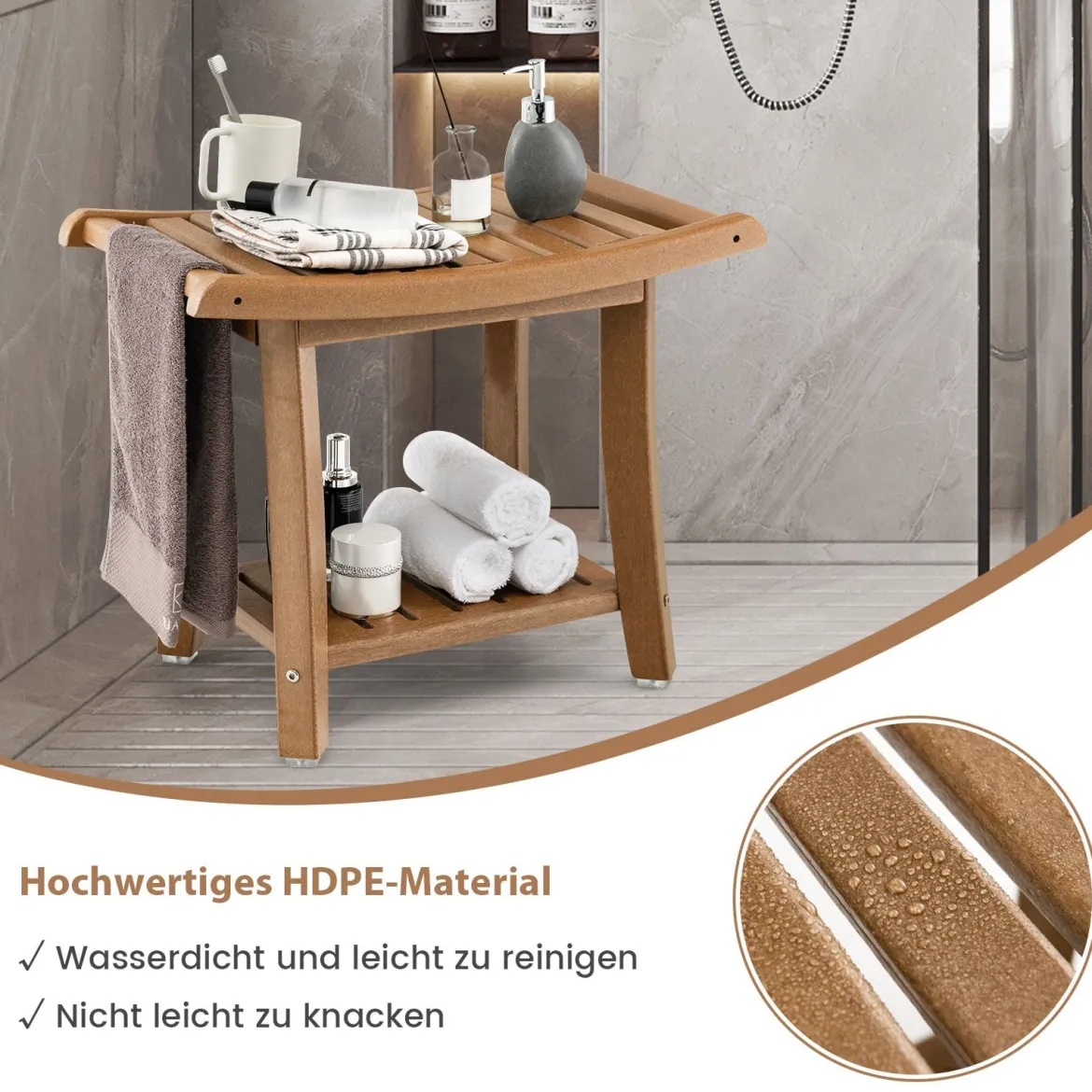 Duschbank Wasserdichter Duschhocker mit Gebogenem Sitz 60,5 x 34 x 48 cm Braun