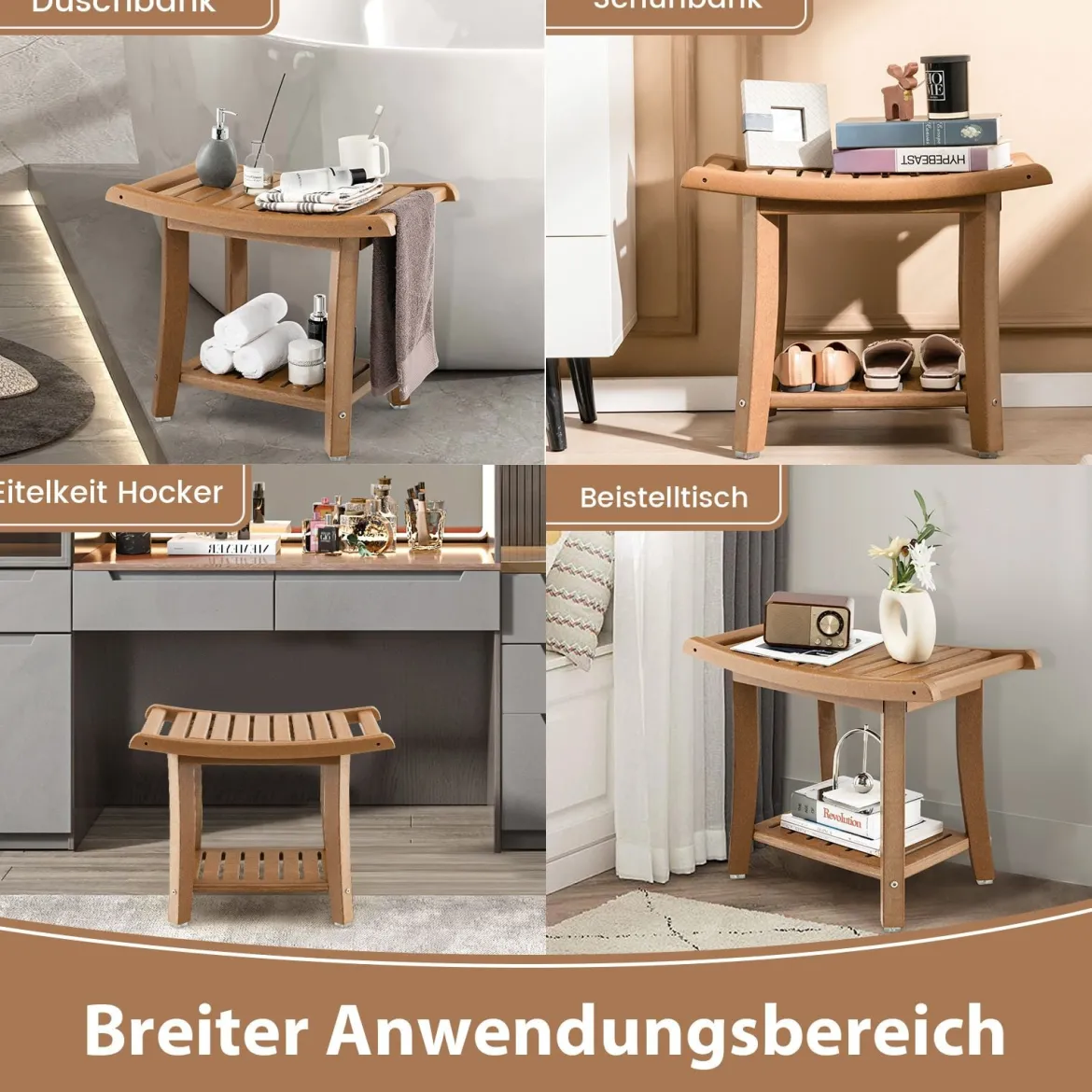 Duschbank Wasserdichter Duschhocker mit Gebogenem Sitz 60,5 x 34 x 48 cm Braun