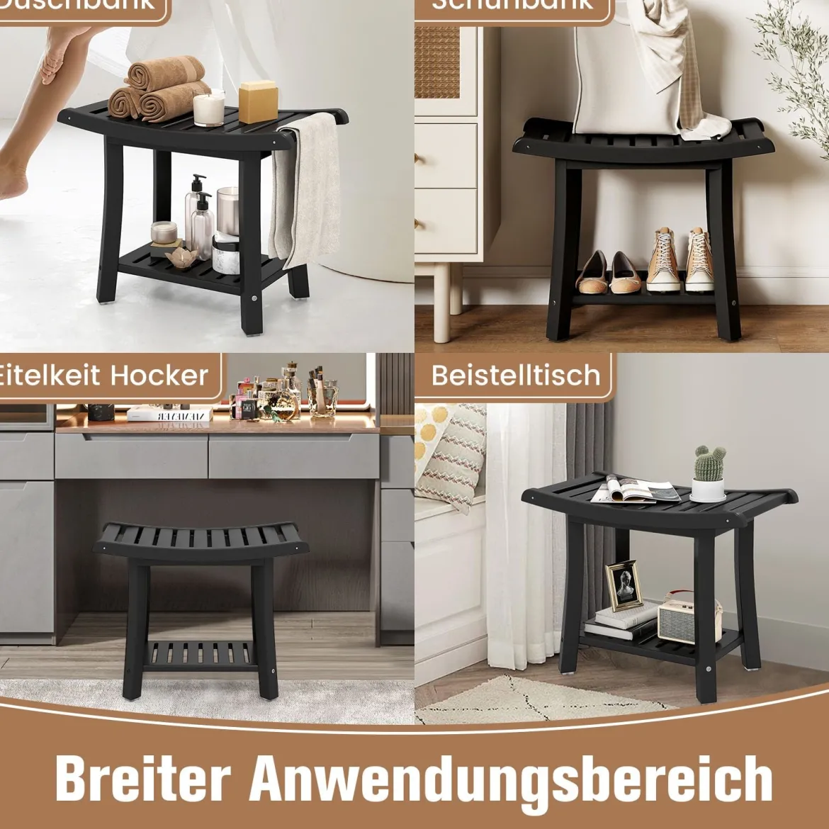 Duschbank Wasserdichter Duschhocker mit Gebogenem Sitz 60,5 x 34 x 48 cm Schwarz