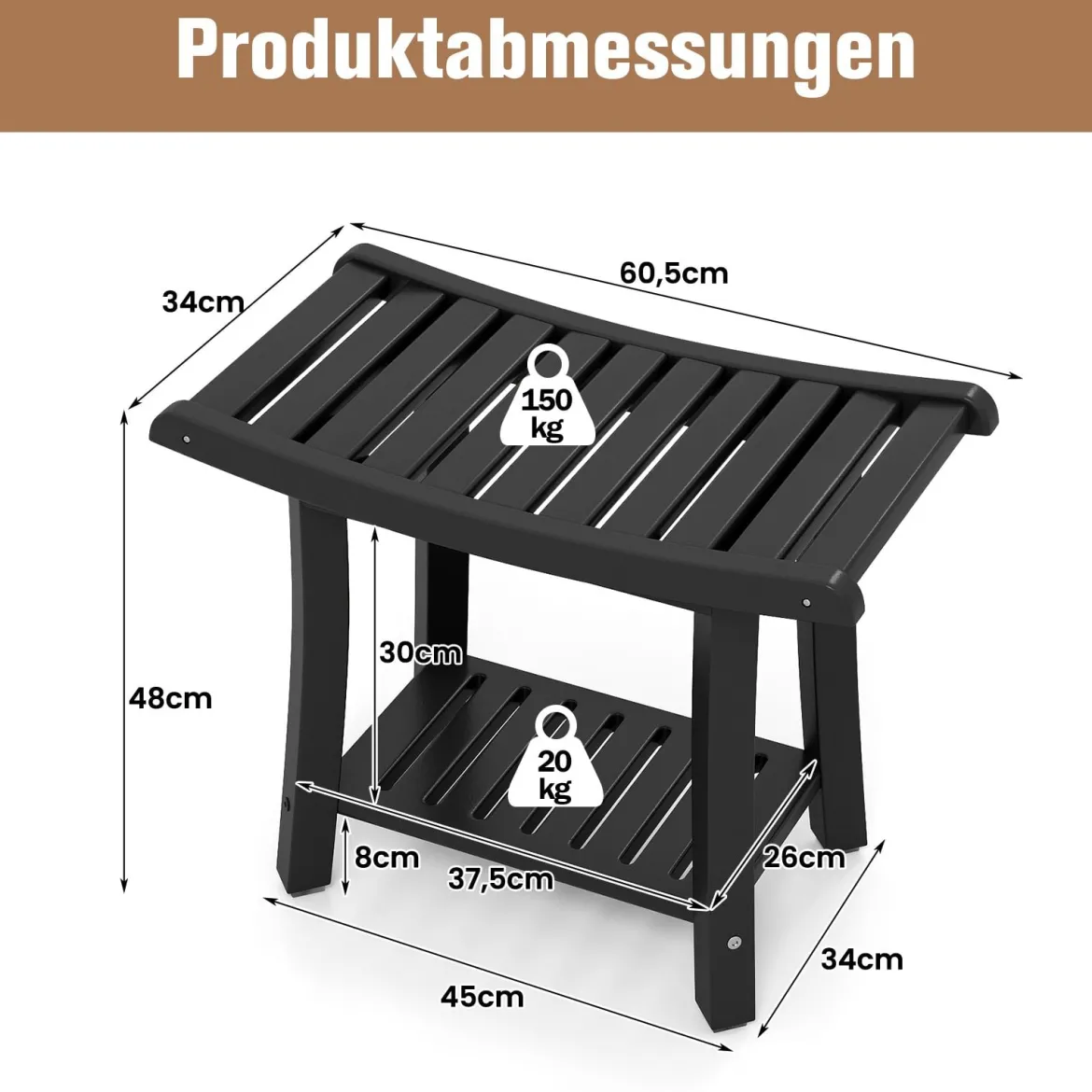 Duschbank Wasserdichter Duschhocker mit Gebogenem Sitz 60,5 x 34 x 48 cm Schwarz