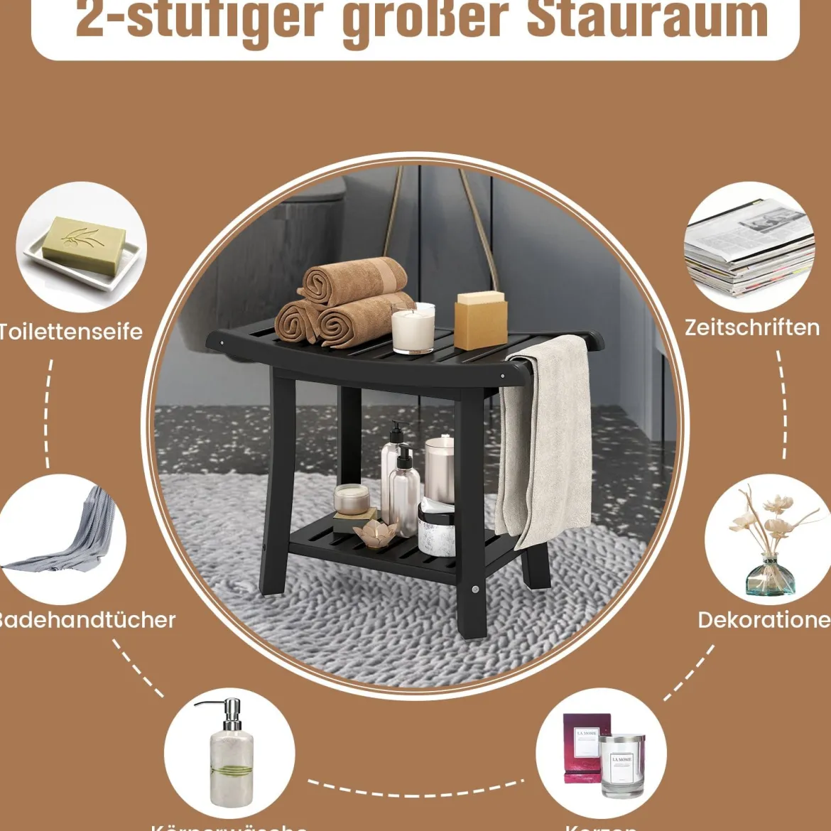 Duschbank Wasserdichter Duschhocker mit Gebogenem Sitz 60,5 x 34 x 48 cm Schwarz