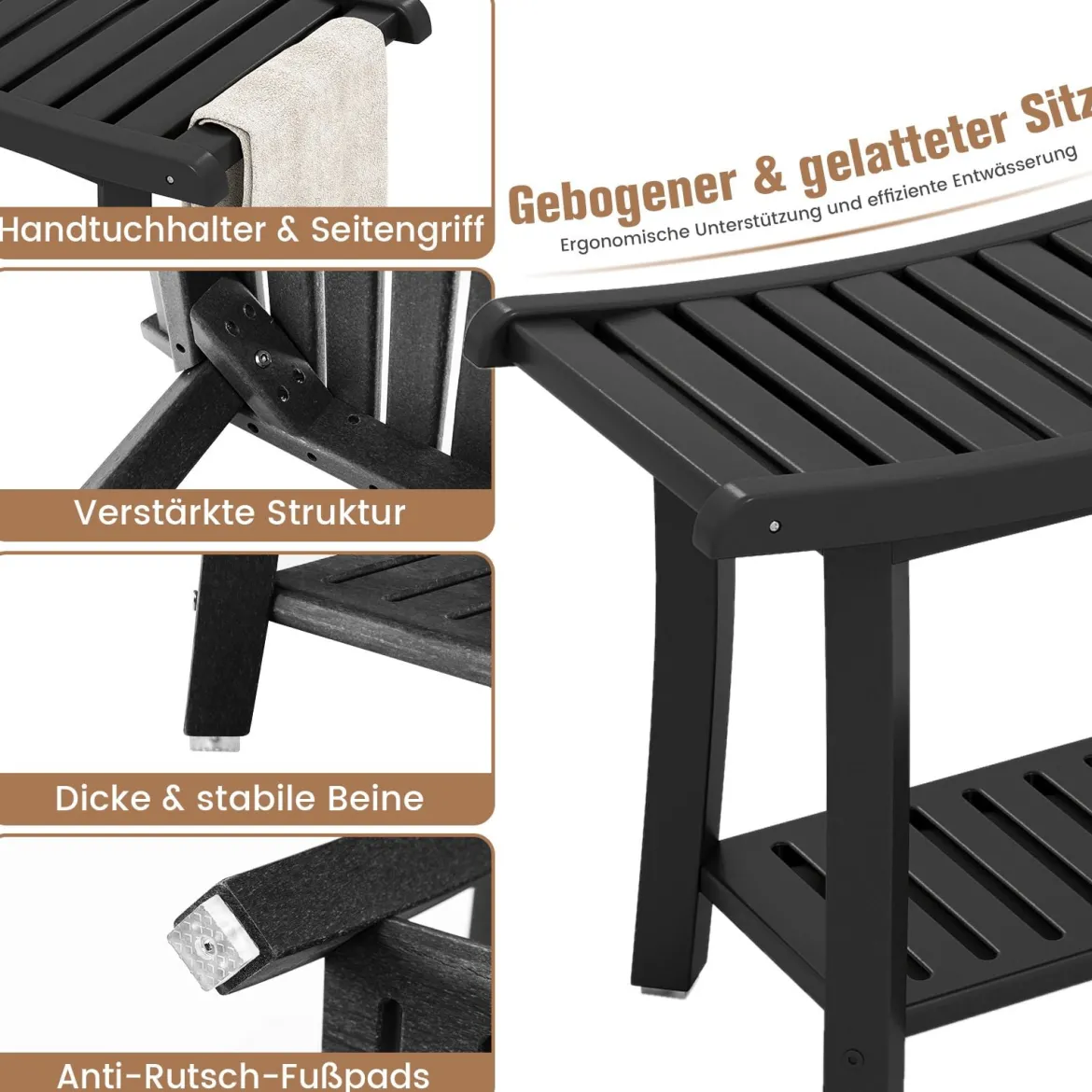 Duschbank Wasserdichter Duschhocker mit Gebogenem Sitz 60,5 x 34 x 48 cm Schwarz