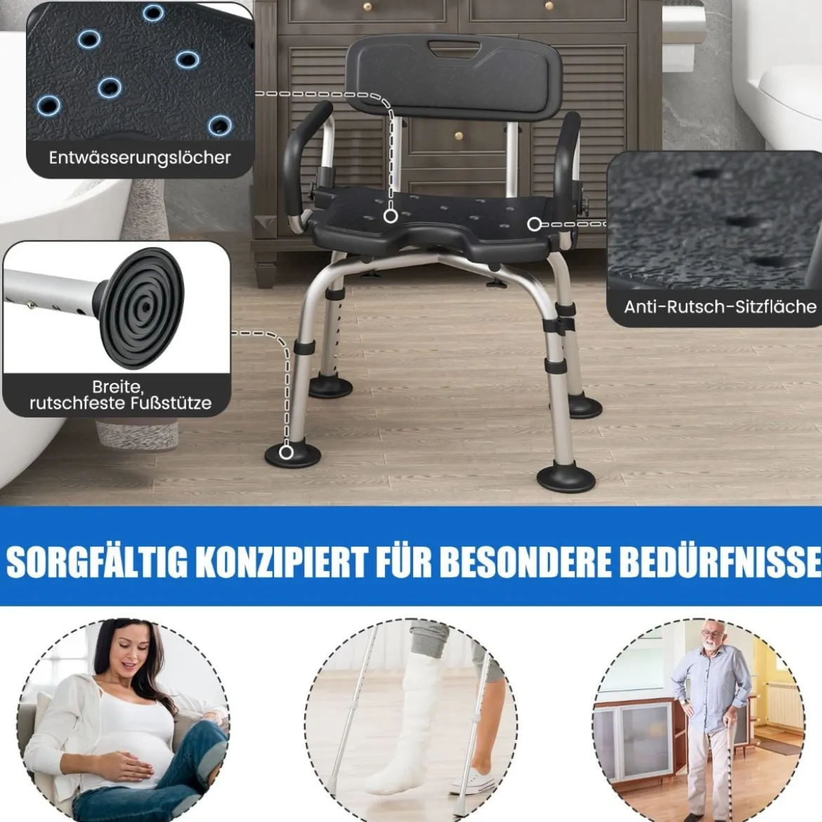 Duschstuhl höhenverstellbar Duschhocker mit Duschkopfhalterung Badehocker 100KG belastbar Duschsitz mit Arm- und Rücklehne Schwarz