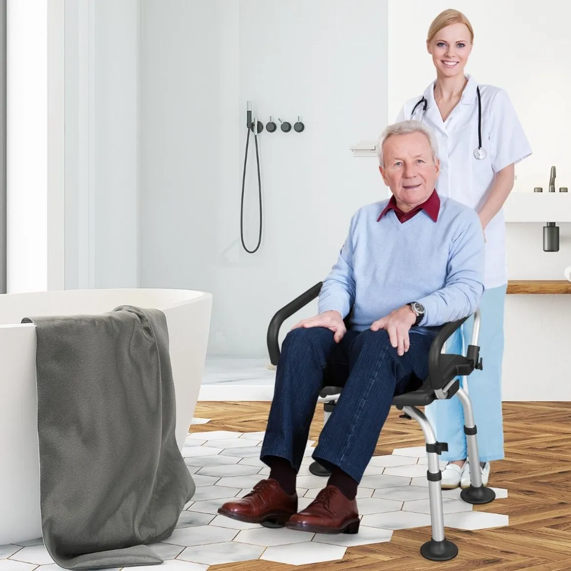 Duschstuhl höhenverstellbar Duschhocker mit Duschkopfhalterung Badehocker 100KG belastbar Duschsitz mit Arm- und Rücklehne Schwarz